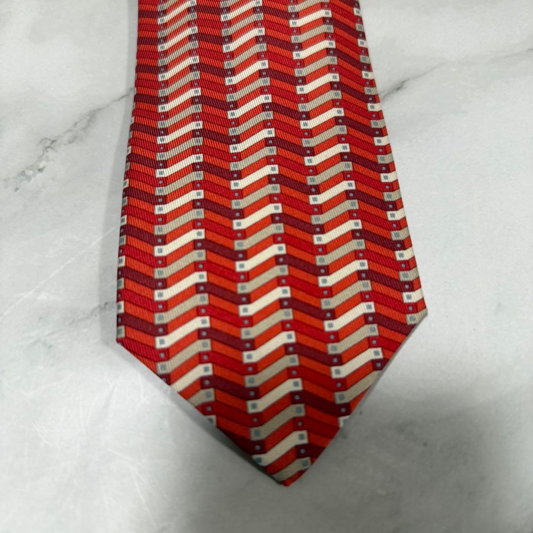 HERMES 新品未使用 紙袋 箱付き ネクタイ レッド系 総柄 エルメス