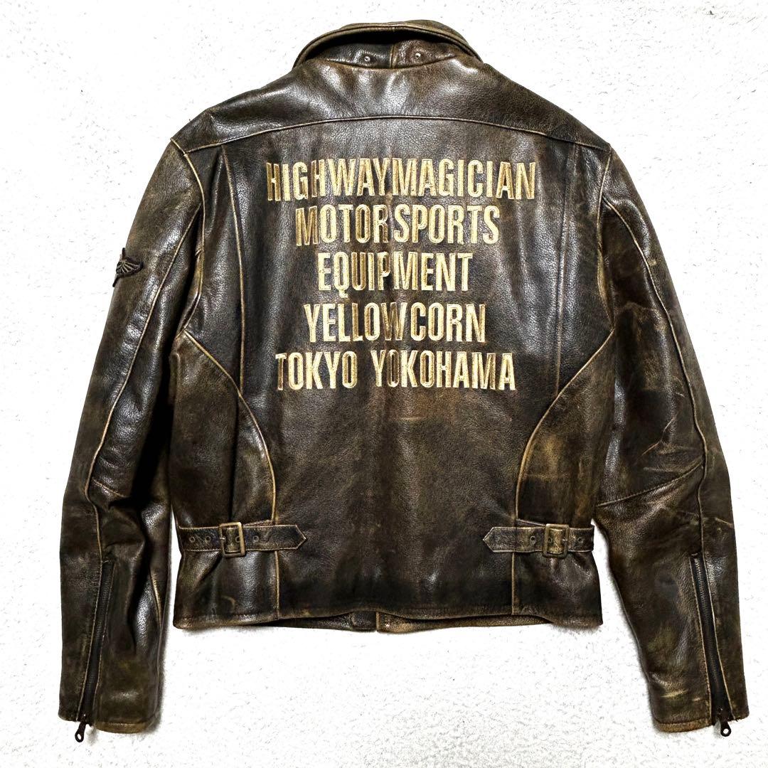 YeLLOW CORN シングルライダース 金刺繍 ロゴ ワッペン ブラウン L