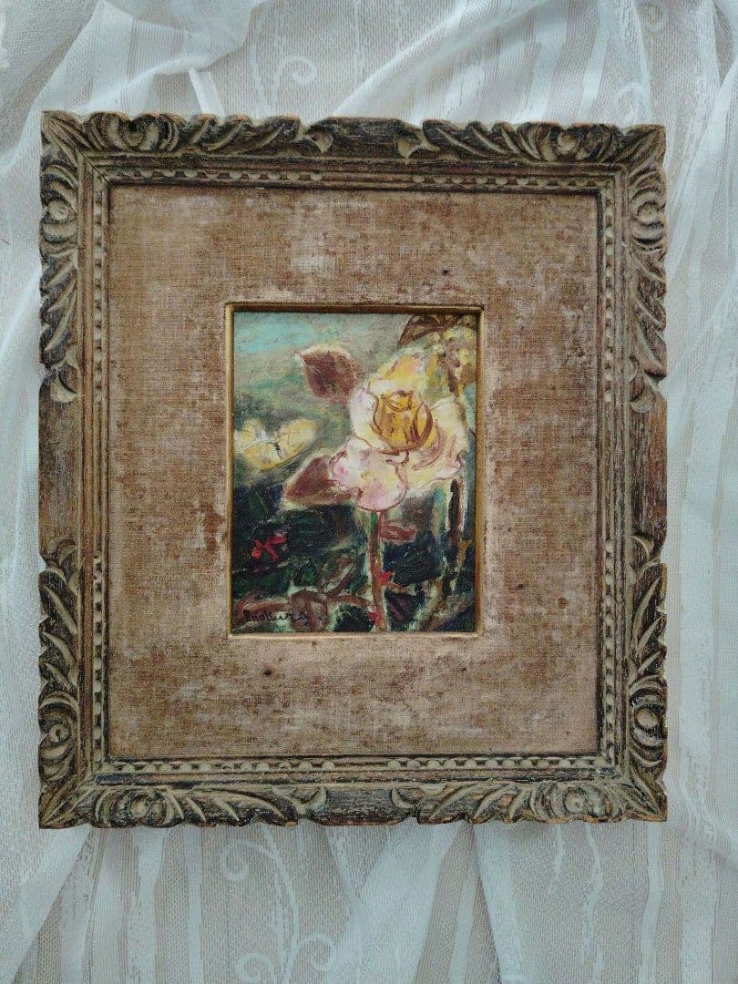 黄バラ　Enokura　サイン入り　薔薇の油彩画 　彫刻装飾フレーム付き