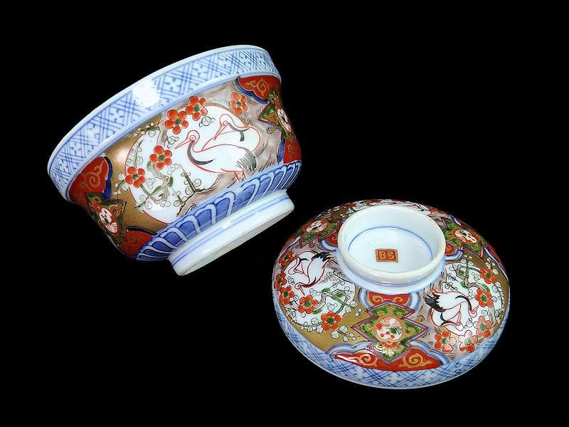 古伊万里 金襴手 双鶴に梅花の図 大振蓋茶碗 2客 D747AS-CHr - メルカリ