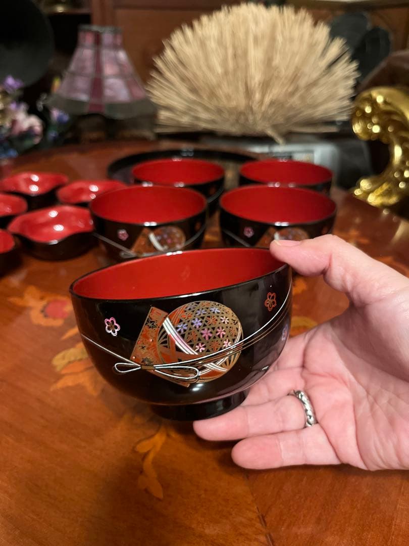 伝統的な漆器セット ５客 椀 トレイ おぼん