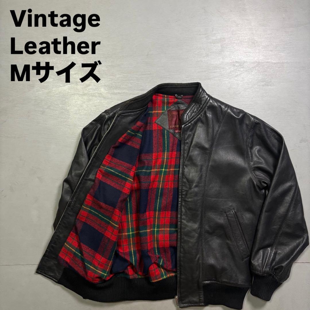 vintage レザージャケット　ブルゾン　本革オールレザー　チェック　短丈　M