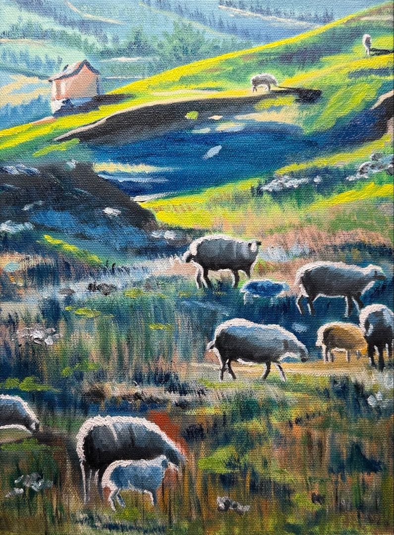 「故郷の羊」　手描き　油絵　風景画　原画　油彩画　印象派