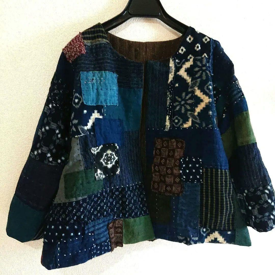 古布リメイク ジャケット 藍染 絣 柿渋染め 刺し子 襤褸 パッチワーク