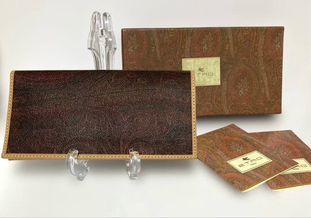 未使用エトロ ETRO 二つ折り財布 ウォレット 長財布 PVC レザー 総柄 ETRO（エトロ） 1点限定 長財布 ペイズリー レザー ブラウン マルチ