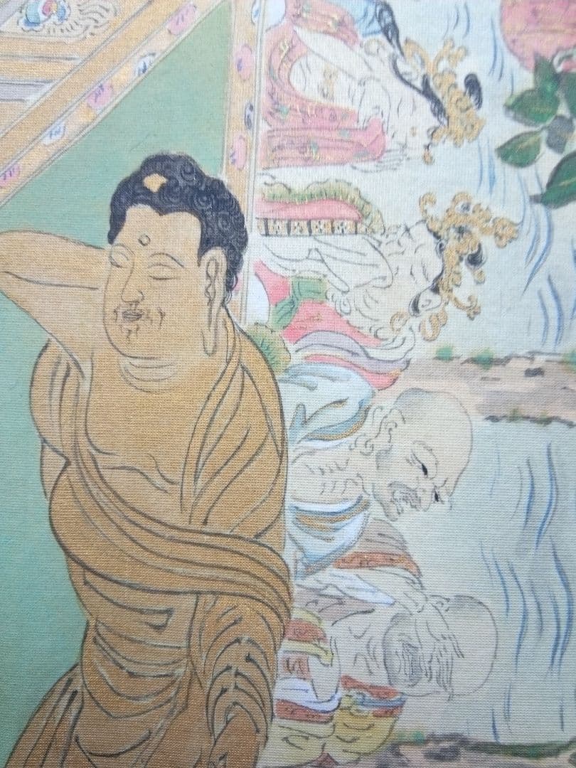 掛け軸、釈迦涅槃図、本物宇喜田(浮田）一惠(1795～1859）画、絹本