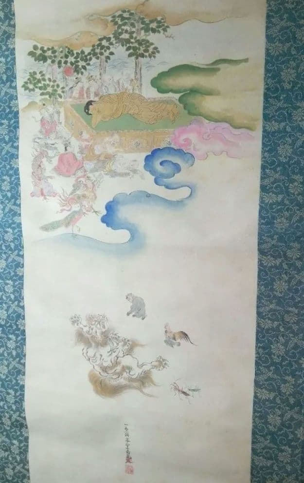 掛け軸、釈迦涅槃図、本物宇喜田(浮田）一惠(1795～1859）画、絹本