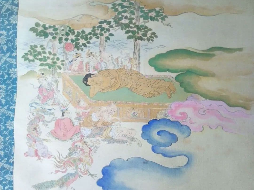 掛け軸、釈迦涅槃図、本物宇喜田(浮田）一惠(1795～1859）画、絹本