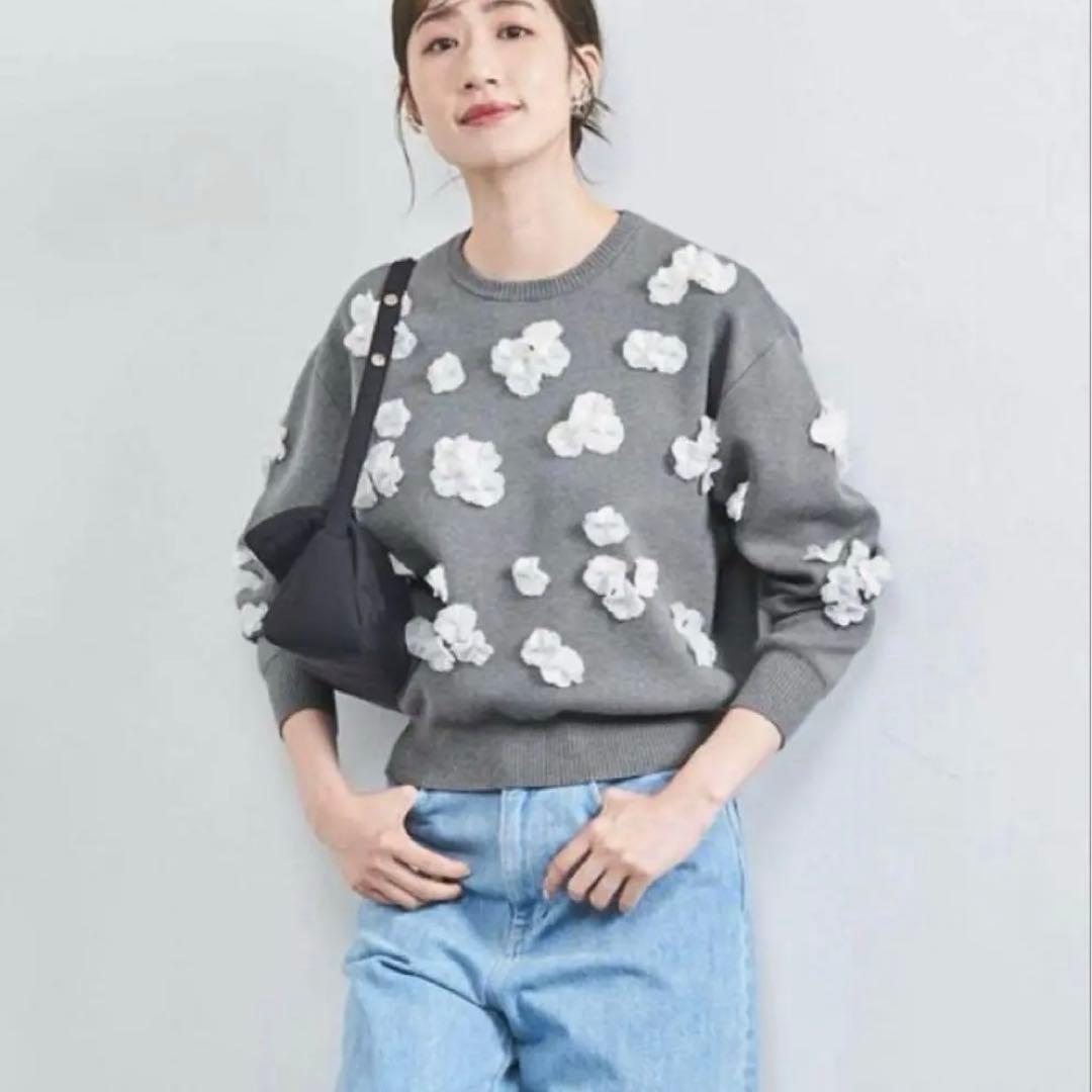UNITED ARROWS✨3D フラワーモチーフ ロングスリーブニット　グレー