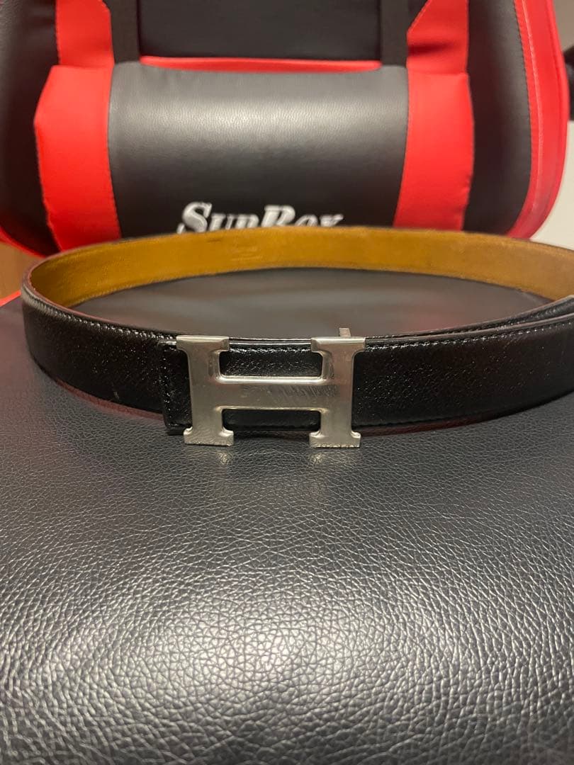 HERMES 黒レザー H字型バックル ベルト