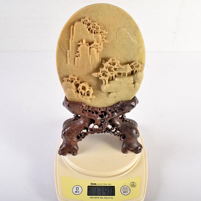 中国 玉石蝋石青田石彫刻 楼閣山水雕 硯屏 置物 V R8517 - メルカリ