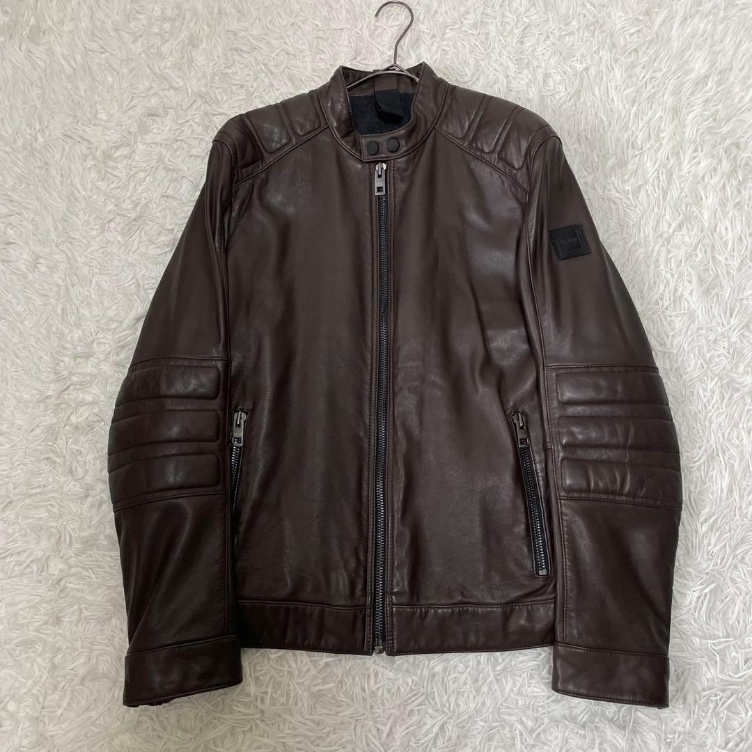 極美品 ヒューゴボス シングルライダースジャケット ブラウン 48 XL