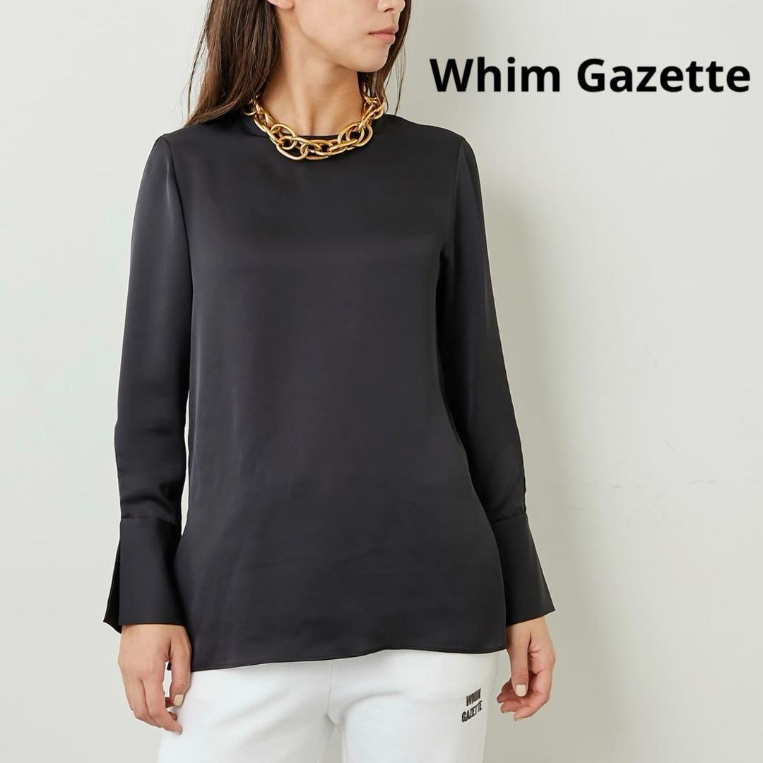【ウィムガゼット】サテン　長袖　ブラウス　ブラック　クルーネック　黒　とろみ