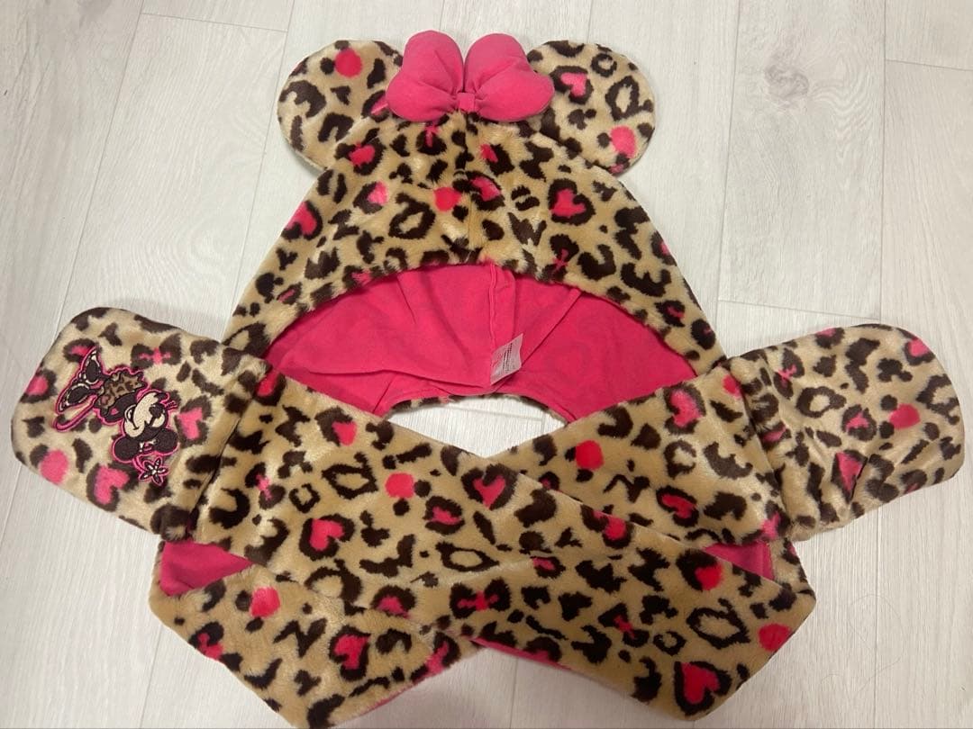 ディズニー ミニーマウス ヒョウ柄 マフラーキャップ ピンク