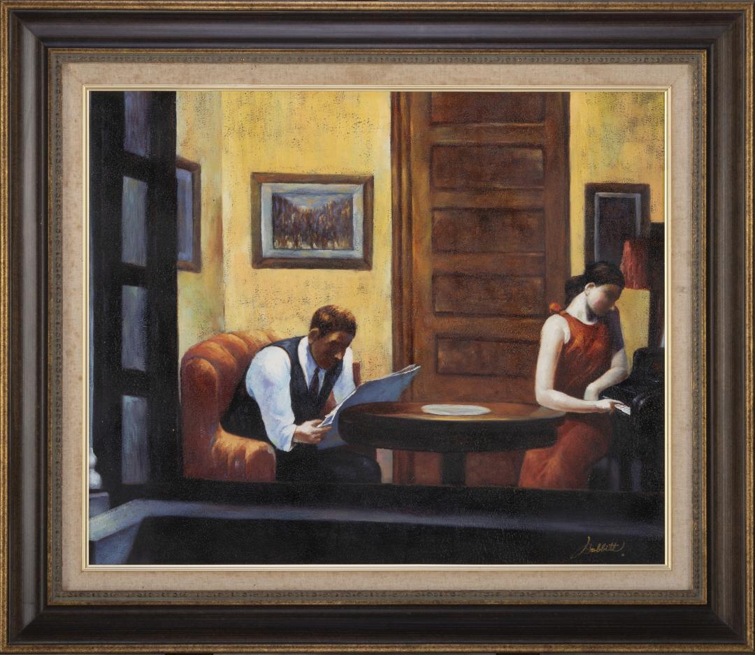 肉筆油絵　模写　木製額装　エドワード・ホッパー　Room in New York