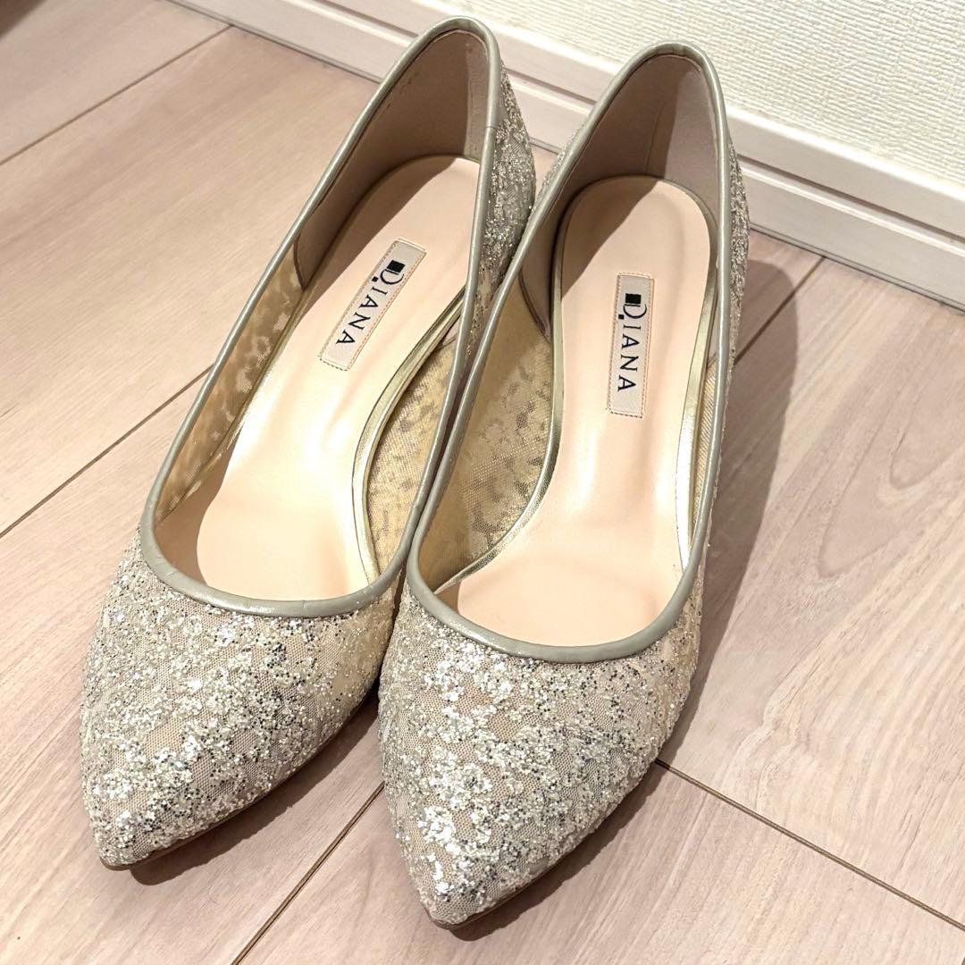 【即決優先】diana パンプス シルバーラメ　プラチナグリッターチュール