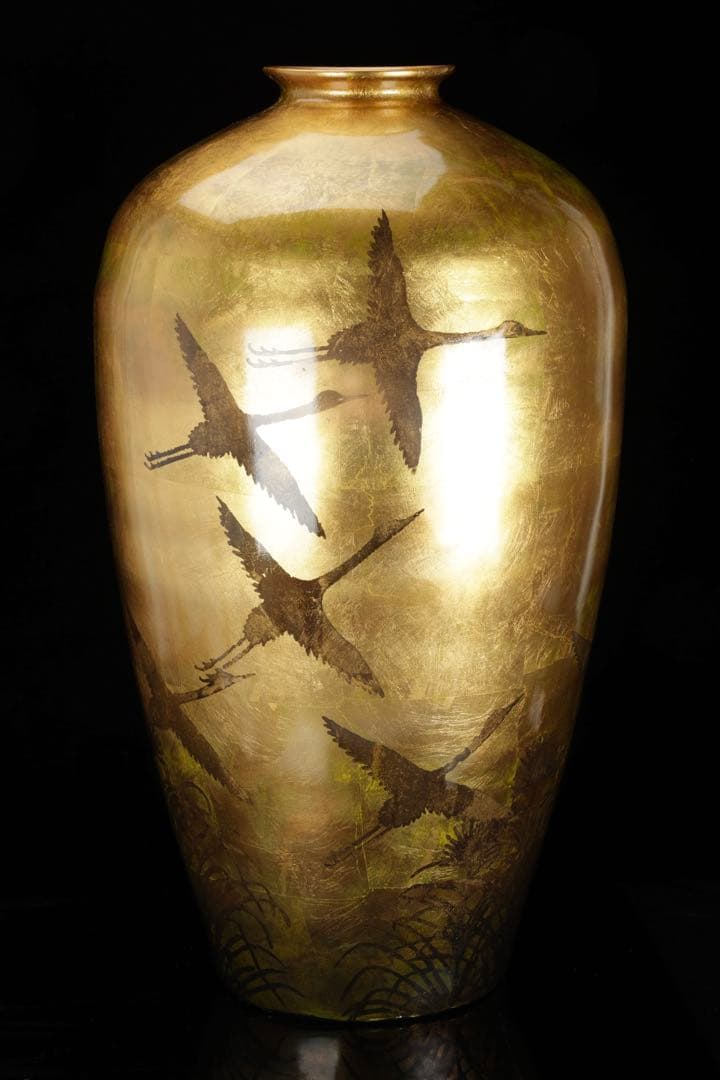 大型 漆塗 金地花瓶 鶴図 秋草文様 高さ62cm 花器 飾壺 古美術品 骨董品
