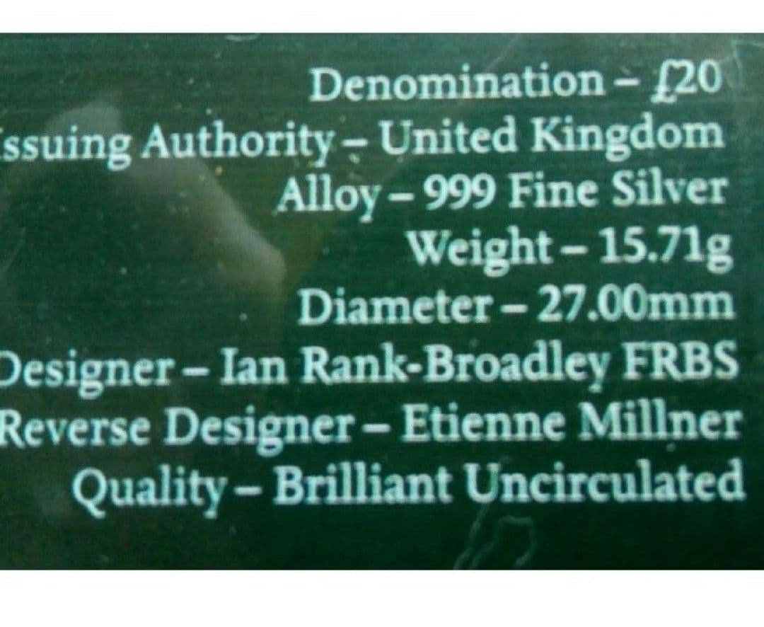 英国イギリス￡20 ポンド 銀貨 999ag 15.71g 27mm チャーチル