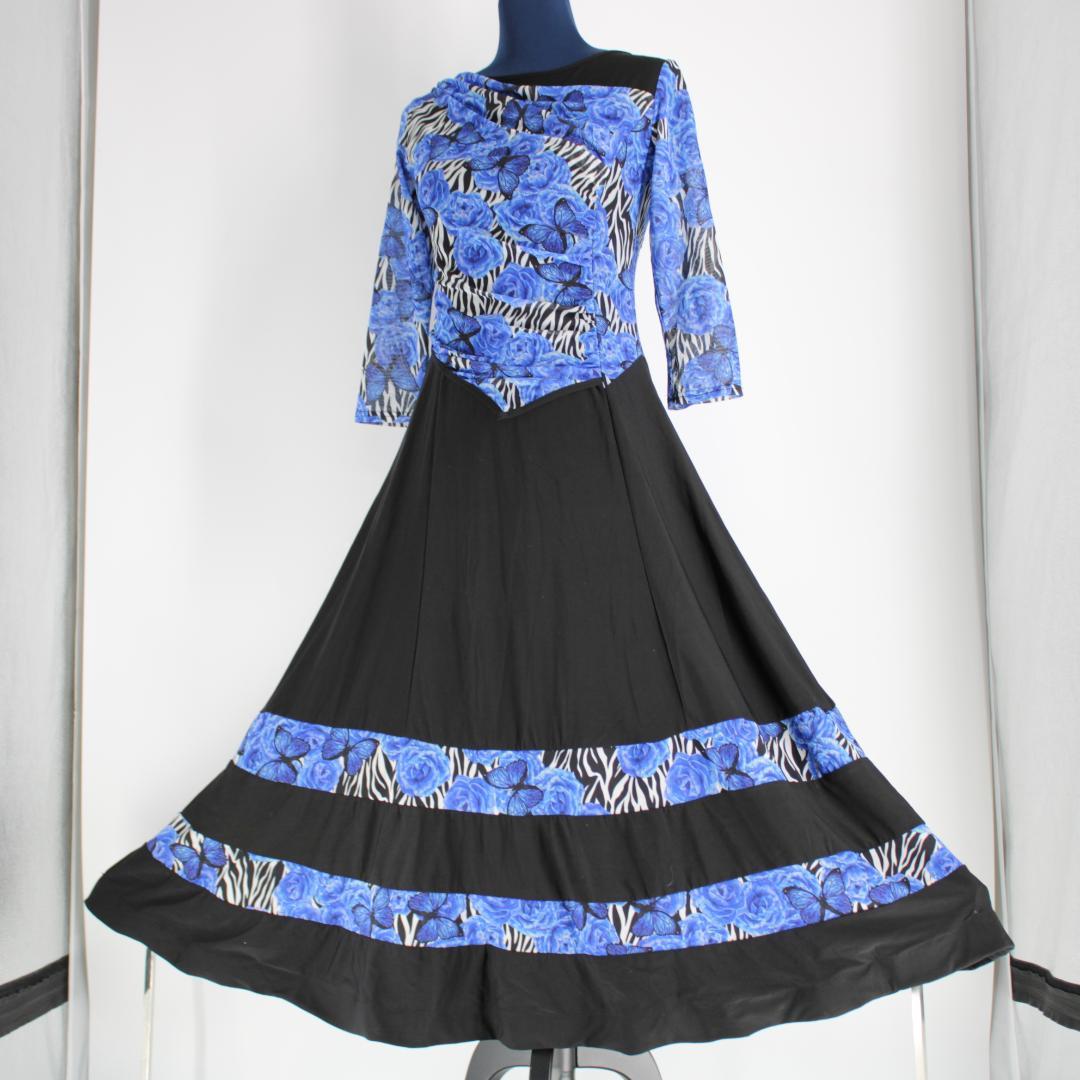 社交ダンス衣装】ブルー ワンピース ドレス 青 黒 ブラック 花柄 蝶