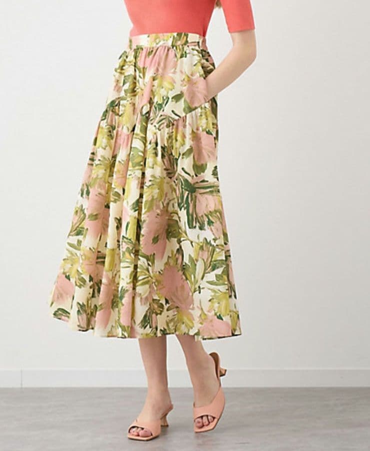 ANAYI ペイントフラワープリントティアード スカート 36