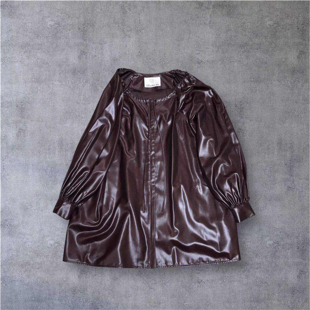 テーロプランTELOPLAN ドロストジップアップオーバーサイズシャツブラウン