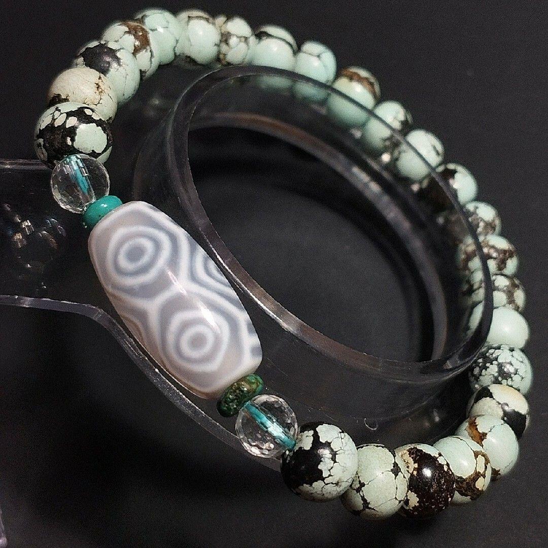 龍眼天珠・天然 ターコイズ・水晶 ブレスレット ジービーズ 龍六眼天珠 18