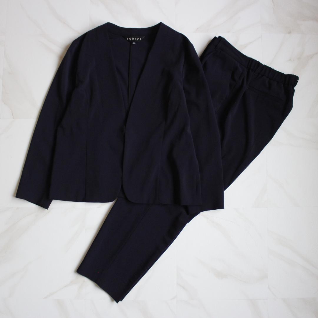 【大きいサイズ】INDIVI ノーカラー セットアップスーツ 3L 紺色