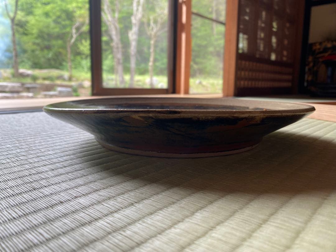 極上！優美大皿人間国宝濱田庄司作 《唐黍文柿釉抜絵皿》（検益子焼