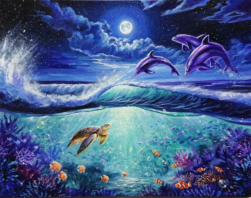 【月夜に輝く海の世界】アクリル画 F6 風景画 絵画 動物画 海の絵
