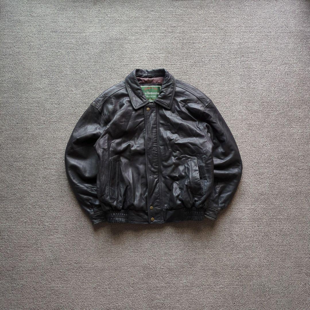 90s​本革羊革ラムレザーA2型襟付きフライトジャケットブルゾン黒Mゆるだぼ短丈