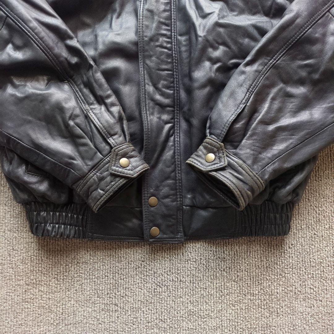 90s​本革羊革ラムレザーA2型襟付きフライトジャケットブルゾン黒Mゆる