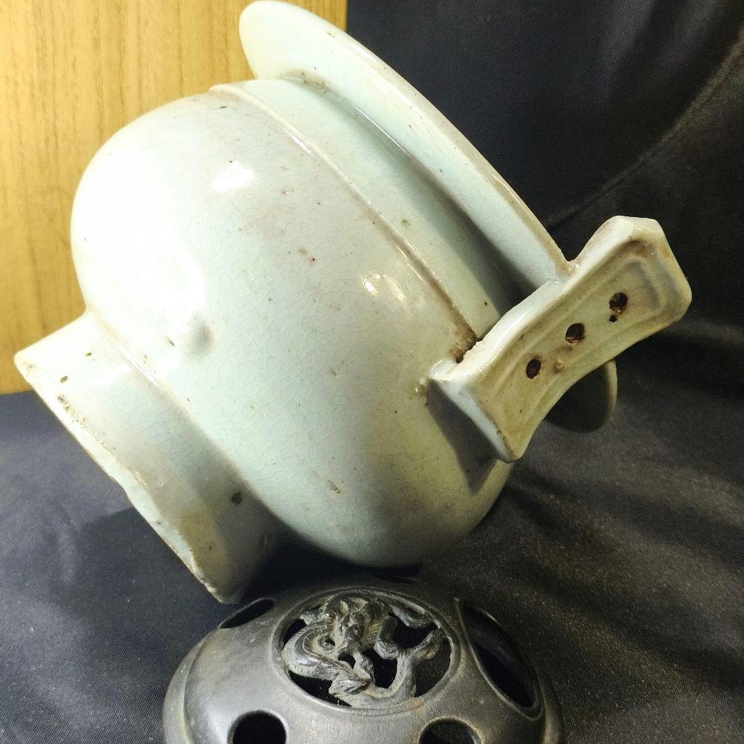 李朝骨董 古銅蓋青磁香炉 貫入入り 朝鮮王朝 古美術品 桐箱 コレクター