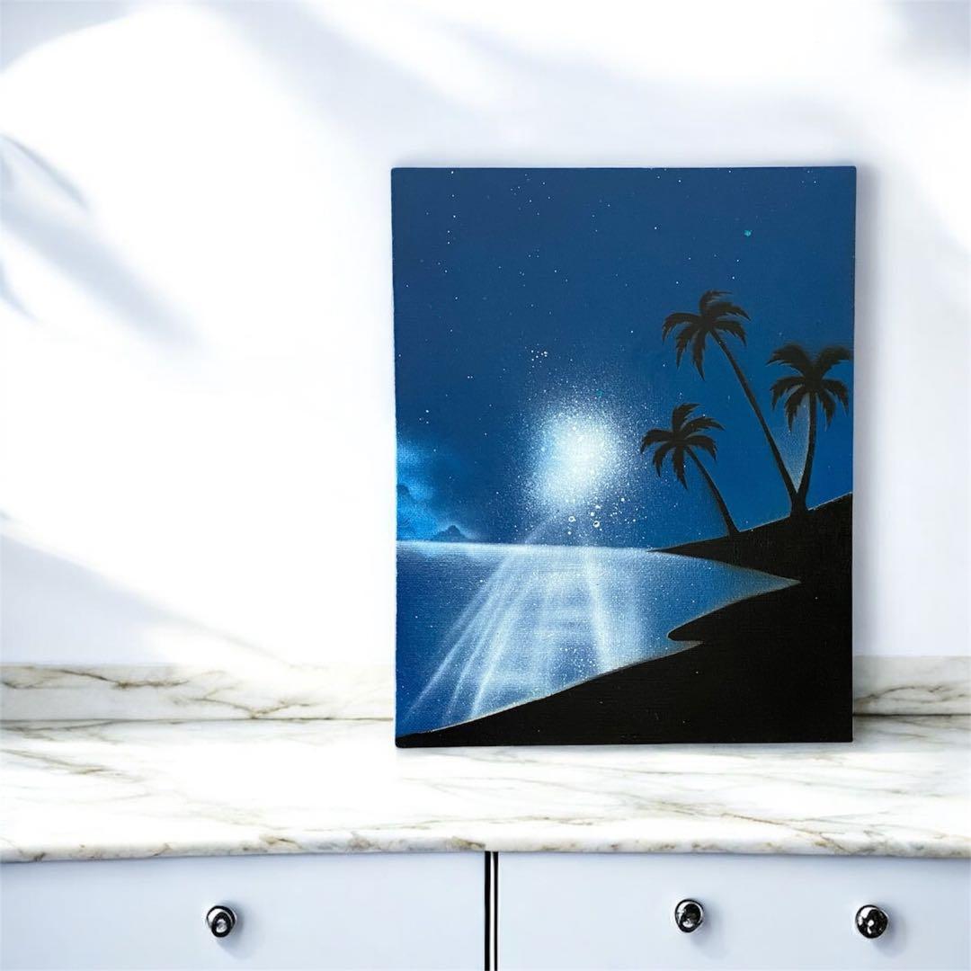 349】スプレーアート 風景画 海 南国 朝日 ヤシの木 日の出 水面 青空