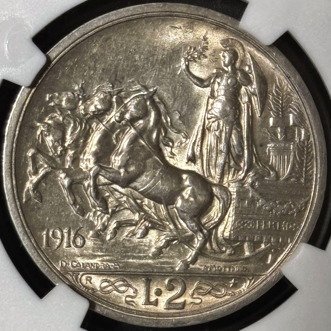 1916 イタリア 2リラ 銀貨 極美品 鑑定済み