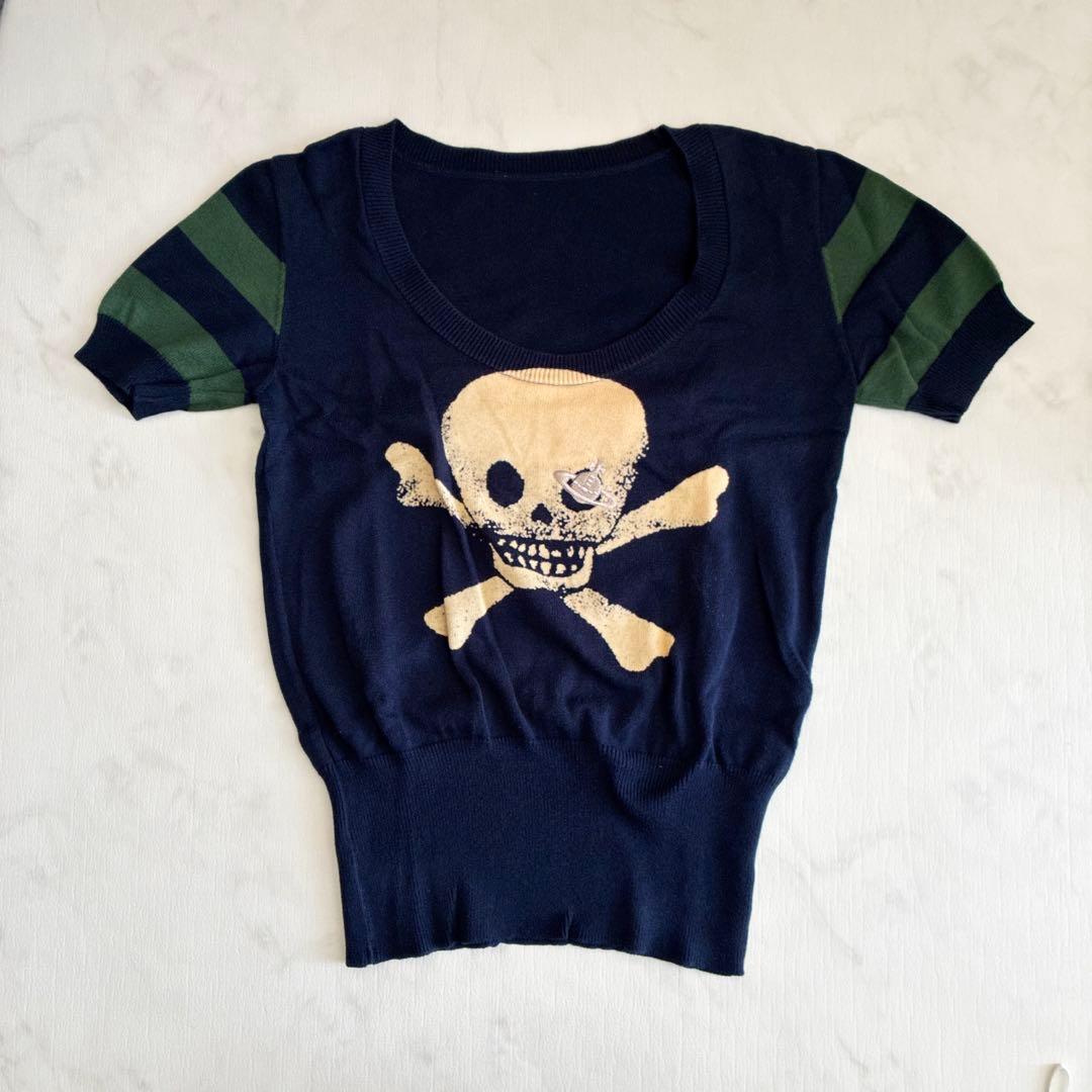 【希少】ヴィヴィアンウエストウッド スカル×オーブ刺繍 ボーダー袖 ニット 紺