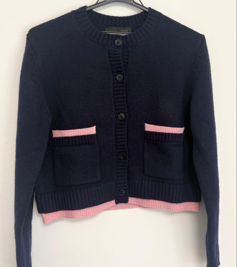 ZARA コントラストニットカーディガンジャケット - メルカリ