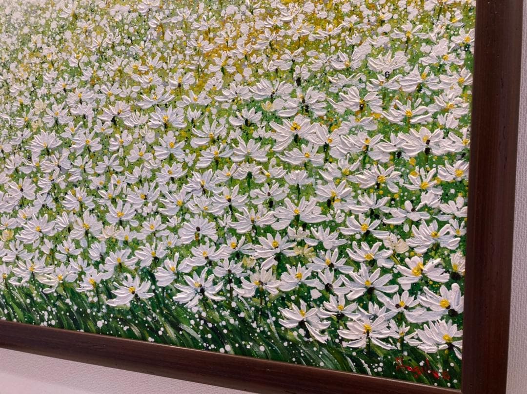 コスモス畑の風景画（油絵肉筆画）975×720