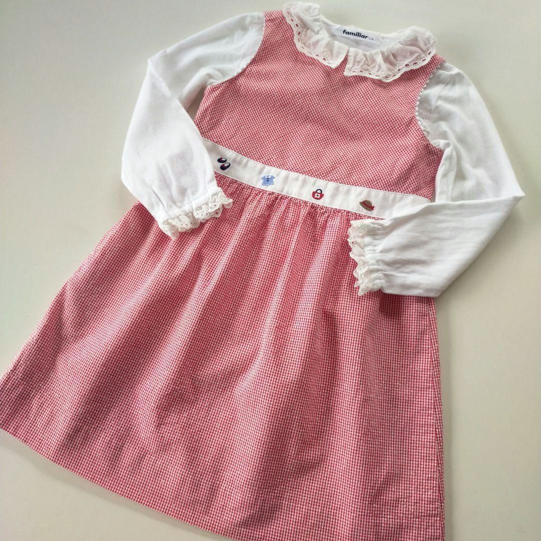 美品☆110cm familiar ファミリア 赤ギンガムチェックワンピース