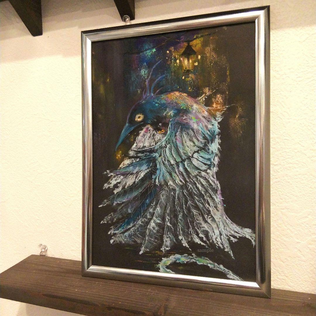 原画 アート 絵画 画家 クレパス画 鳥 カラス 動物 ファンタジー 青い
