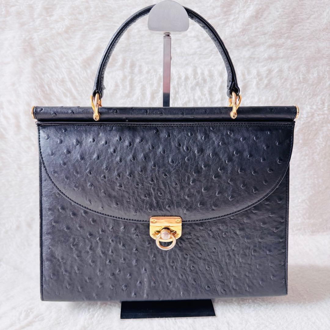 5492 オーストリッチ ハンドバッグ レザー 台形 ゴールド金具 ブラック