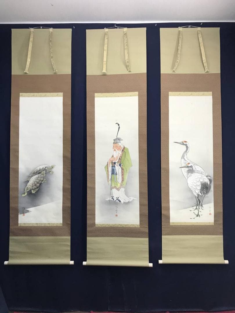 真作】福留明光/寿老人亀鶴図/人物図/鶴亀図/掛軸/名家伝来/AD-15