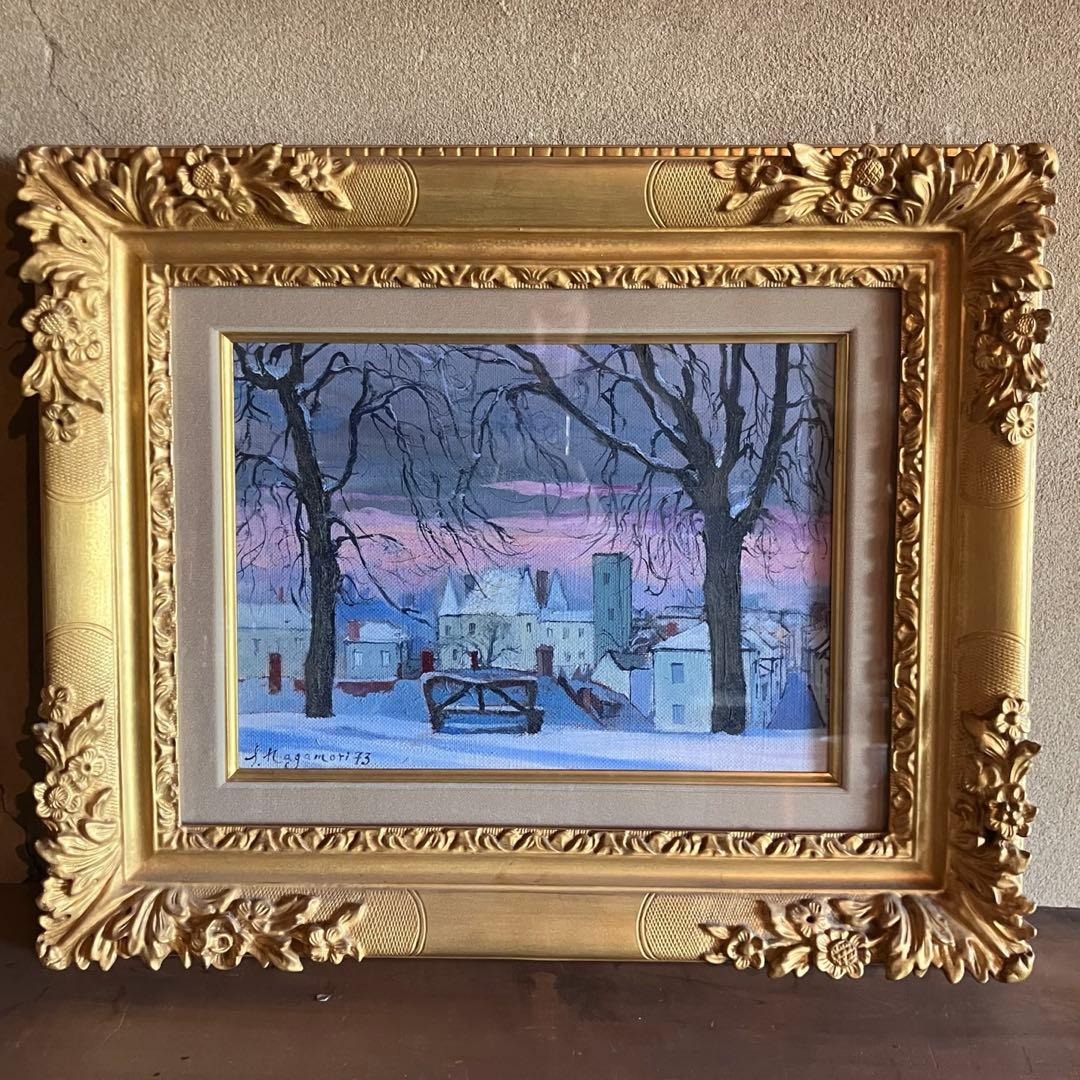 長森聰 「雪の田舎町」1973年 油絵 油彩画 サイン入り　25.2.20-2