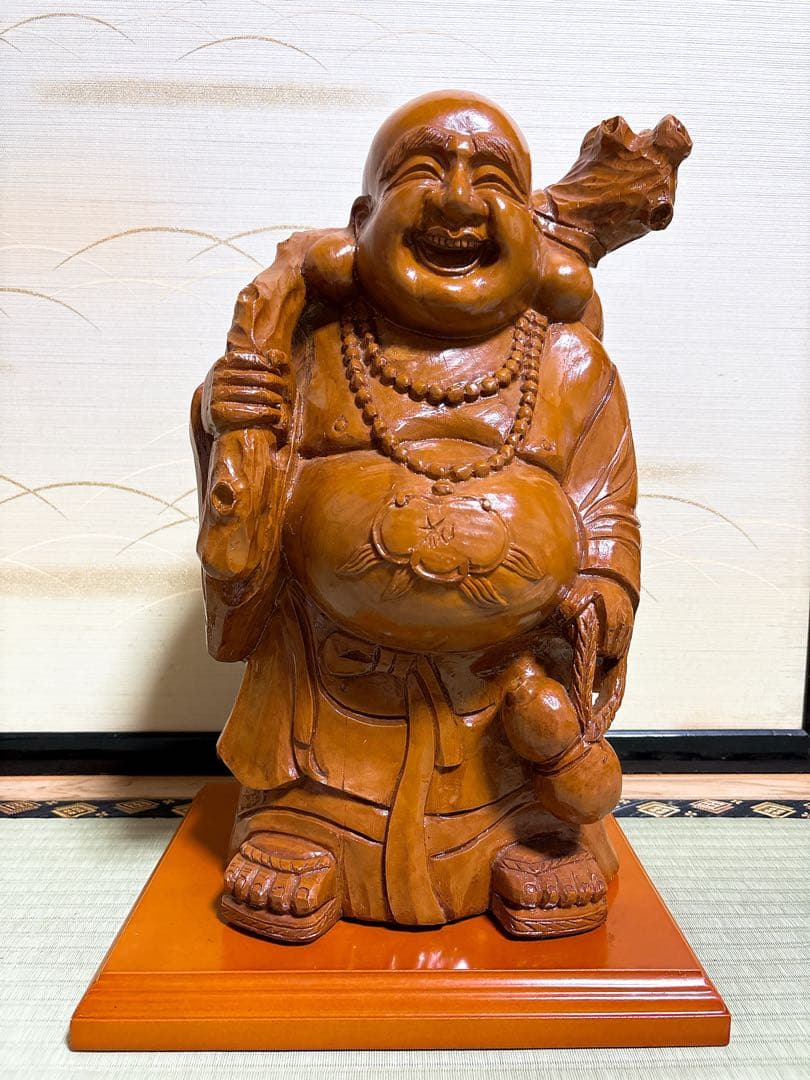 木彫り 布袋様 台座付き 布袋様 置物 風水グッズ 弥勒菩薩 仏像 木彫り木製彫刻 布袋様の笑顔