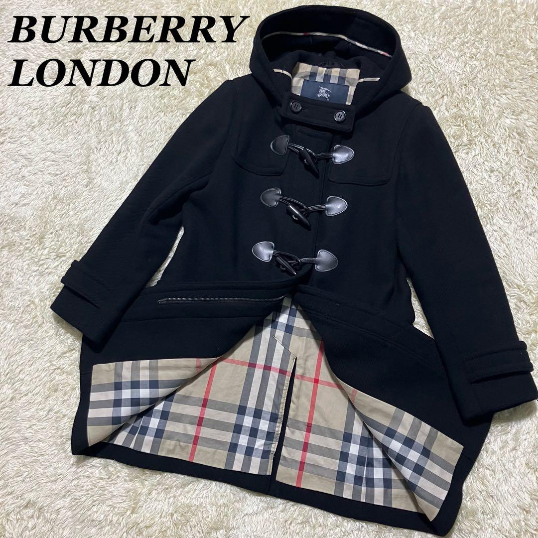 バーバリーロンドン ダッフルコート メガチェック ウール 水牛トグル 黒 M