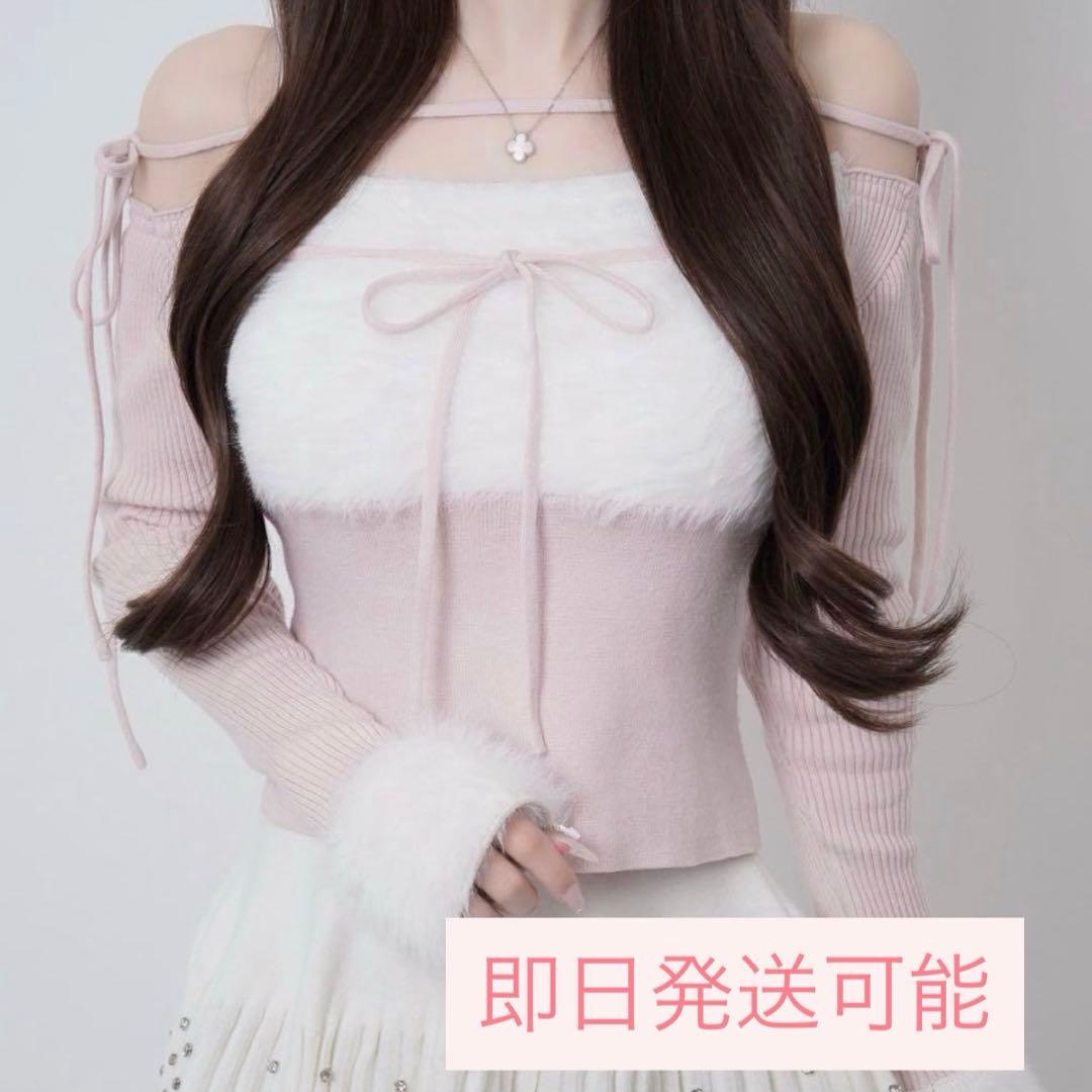 トップス lumignon Ribbon bust fluffy tops pink