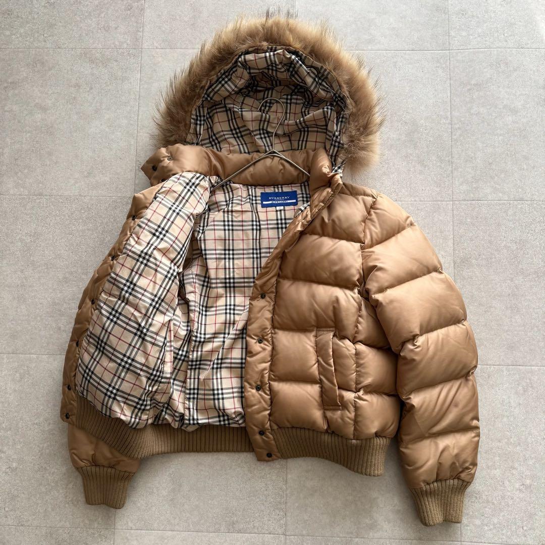 バーバリーブルーレーベル　ダウンジャケット　茶　ノバチェック　ファー　38