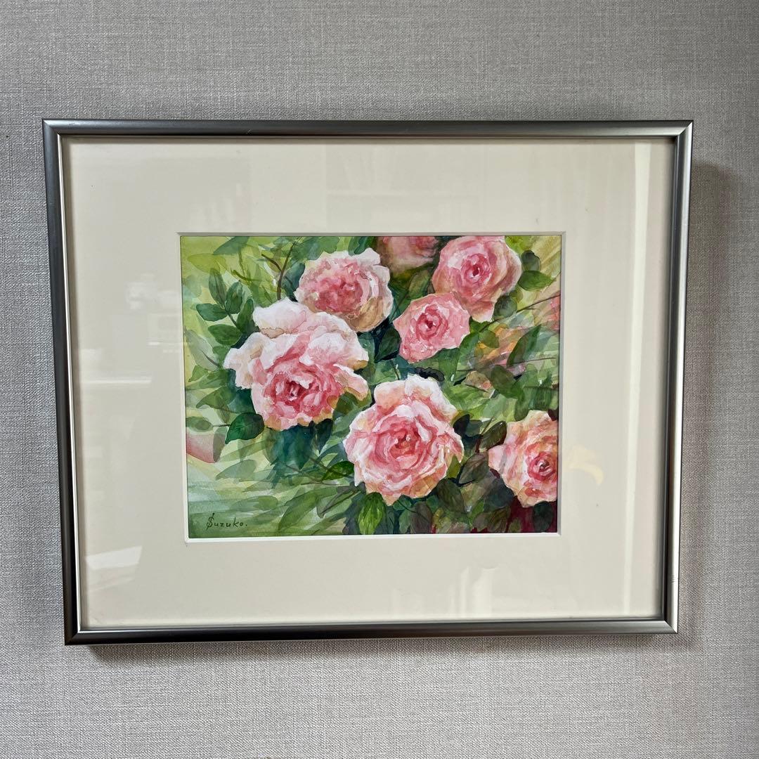 バラのささやき　額縁付き　透明水彩画