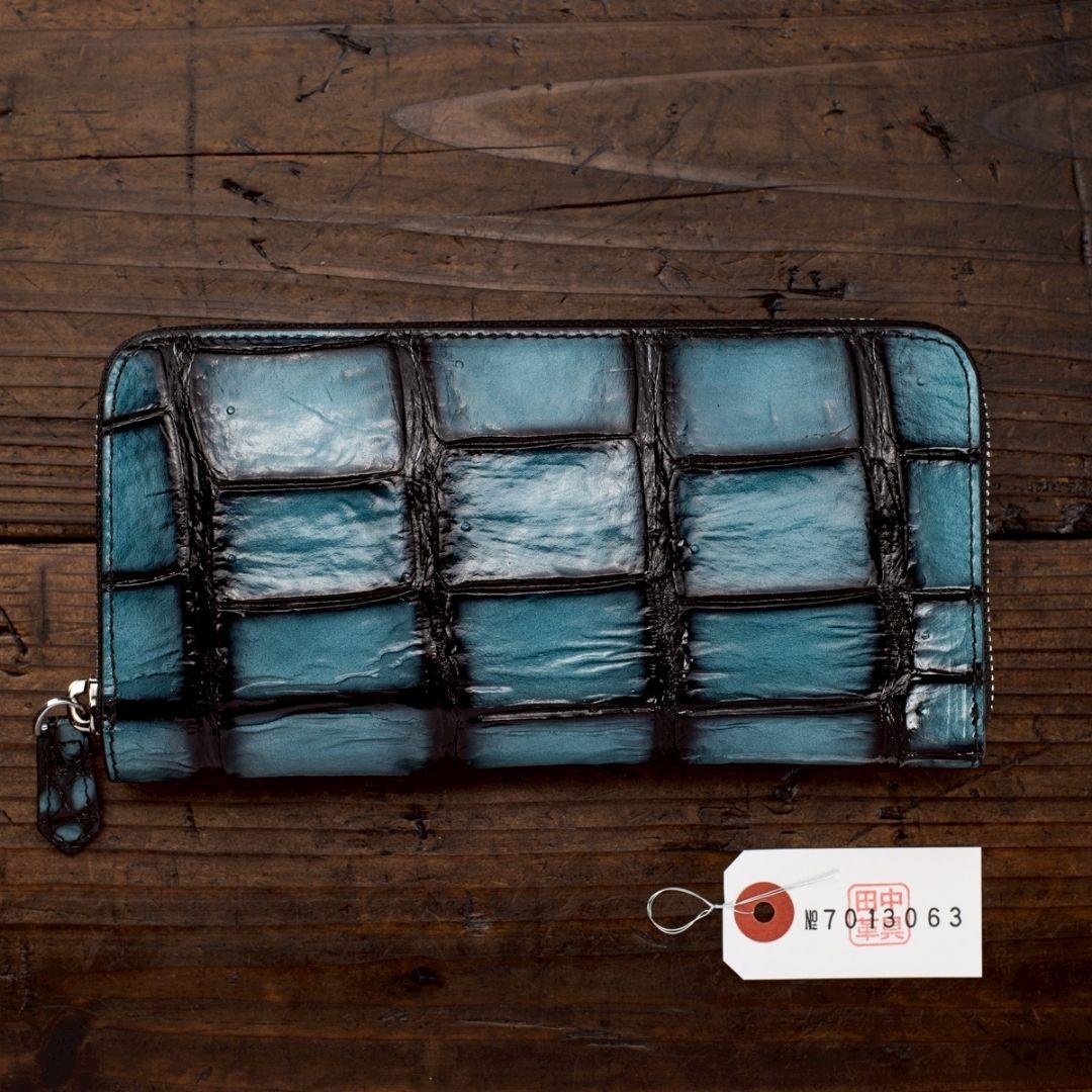 実物撮影 一枚革 クロコダイル ブルー メンズ 長財布 ラウンドファスナー 青