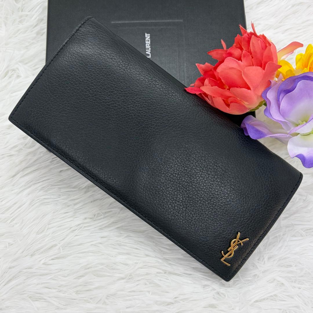 極美品✨サンローラン　長財布　折り財布　カサンドラ　金ロゴ　レザー　ブラック