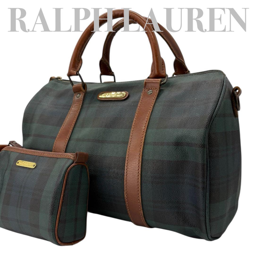 美品 ポロ ラルフローレン 2way ボストンバッグ グリーン 旅行 877 RALPH LAUREN ラルフローレン 2way ボストンバッグ チェック柄